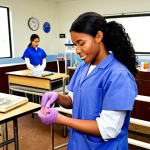 **Academic Training in Livestock Sector**: An illustration of a diverse group of students in a classroom setting, engaging in hands-on activities related to veterinary medicine and animal husbandry. Include elements like textbooks, lab equipment, and farm animals in the background to emphasize practical learning.