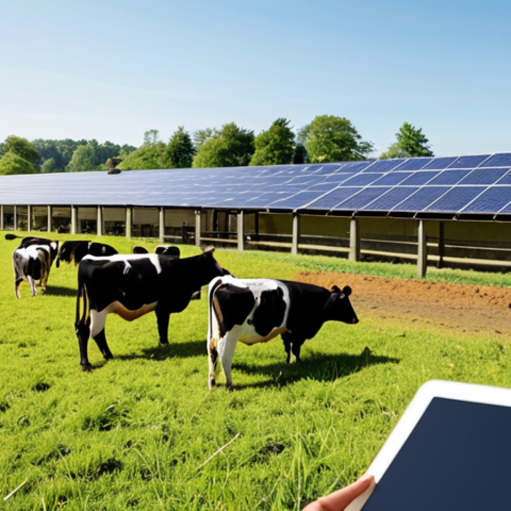 **

Prompt: A modern, well-managed livestock farm. Healthy-looking cows graze on lush pasture under a bright sky. Solar panels are visible on the barn roof, symbolizing sustainability. In the foreground, a farmer uses a tablet to monitor animal health and production data. Emphasize animal welfare, efficient resource management, and integration of technology.

**