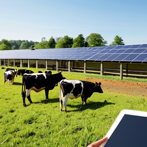 Home 8 **
Prompt: A modern, well-managed livestock farm. Healthy-looking cows graze on lush pasture under a bright sky. Solar panels are visible on the barn roof, symbolizing sustainability. In the foreground, a farmer uses a tablet to monitor animal health and production data. Emphasize animal welfare, efficient resource management, and integration of technology.
**