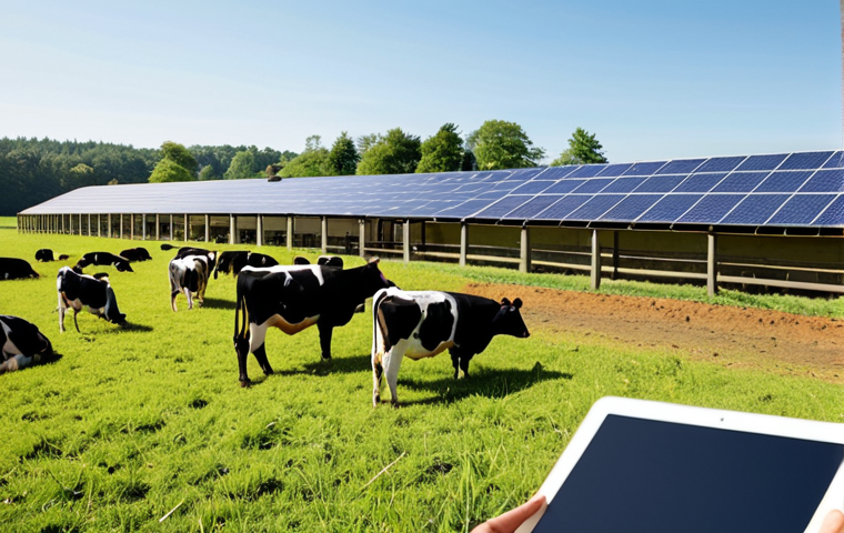 **
Prompt: A modern, well-managed livestock farm. Healthy-looking cows graze on lush pasture under a bright sky. Solar panels are visible on the barn roof, symbolizing sustainability. In the foreground, a farmer uses a tablet to monitor animal health and production data. Emphasize animal welfare, efficient resource management, and integration of technology.
**