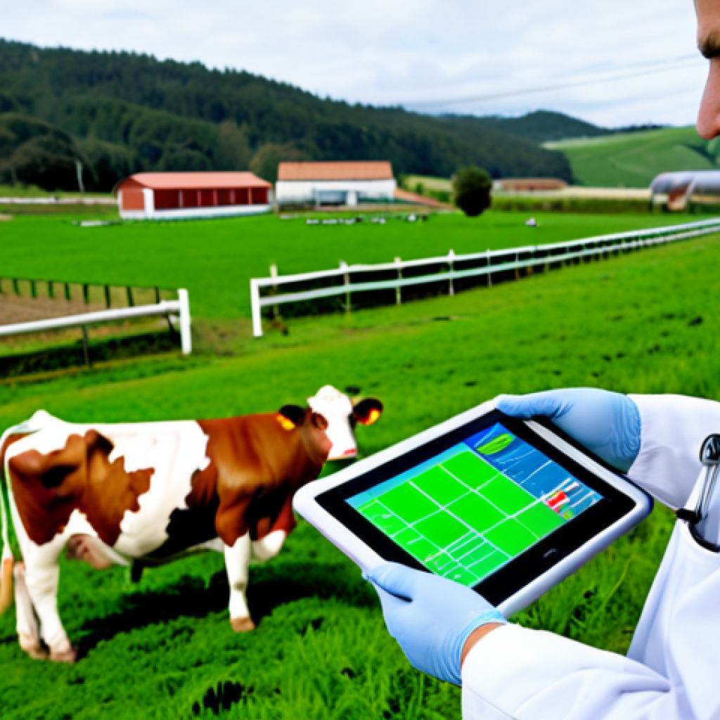 **
A modern dairy farm in Galicia, Spain. Focus on a veterinarian using a handheld sensor to monitor a cow's health. The scene should highlight technological integration in livestock management, with green pastures in the background. Include elements that suggest sustainability and efficiency.
**