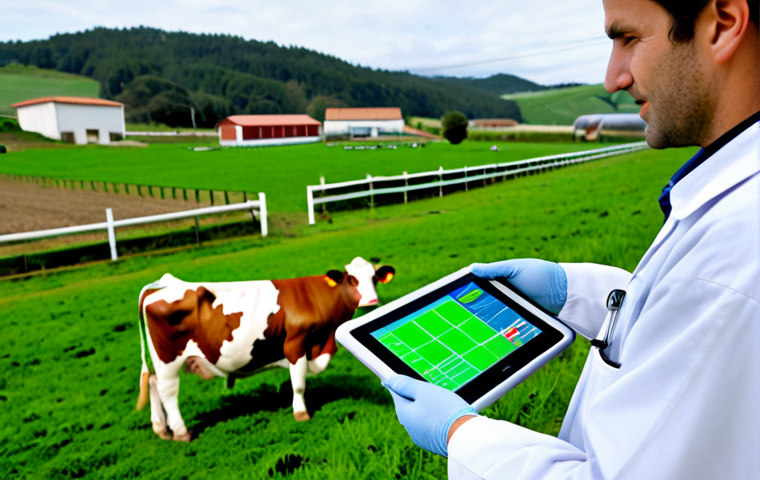 **
A modern dairy farm in Galicia, Spain. Focus on a veterinarian using a handheld sensor to monitor a cow's health. The scene should highlight technological integration in livestock management, with green pastures in the background. Include elements that suggest sustainability and efficiency.
**