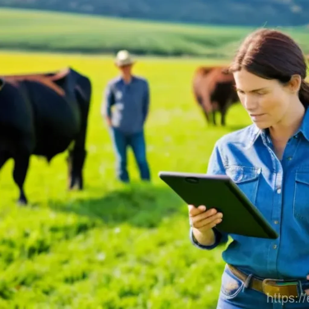 축산업 자격증 학습 앱 추천 - **Prompt:** A dynamic, wide-angle shot of a modern livestock farmer, a woman in her late 30s with a ...