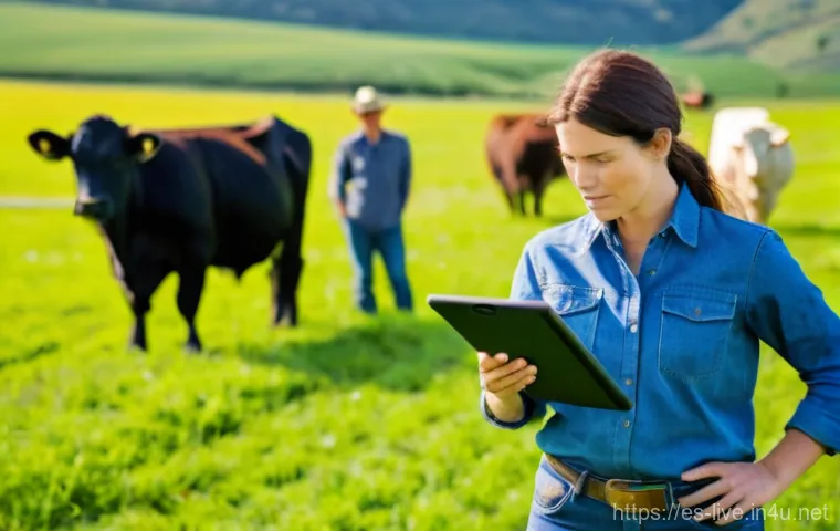 축산업 자격증 학습 앱 추천 - **Prompt:** A dynamic, wide-angle shot of a modern livestock farmer, a woman in her late 30s with a ...