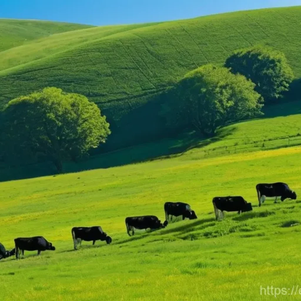 축산업 환경 보호 사례 - **Prompt:** A wide, idyllic landscape of rolling, verdant pastures under a clear sky. Healthy, conte...