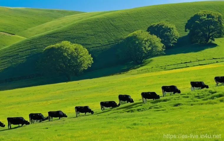 축산업 환경 보호 사례 - **Prompt:** A wide, idyllic landscape of rolling, verdant pastures under a clear sky. Healthy, conte...