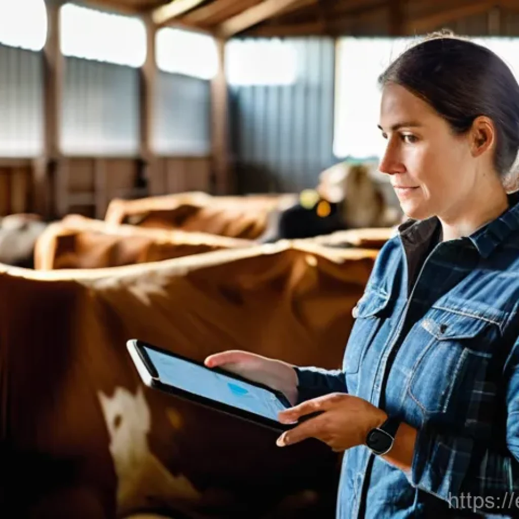 축산업 최신 기술 트렌드 - **Prompt:** A modern cattle farmer, a woman in her late 30s with a kind expression and practical far...