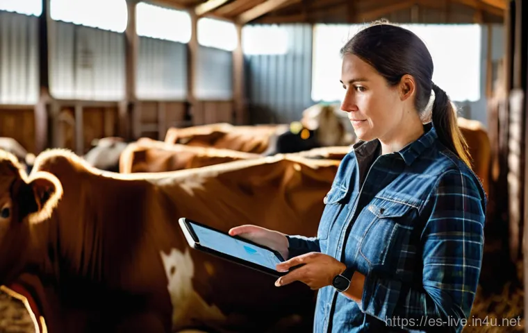 축산업 최신 기술 트렌드 - **Prompt:** A modern cattle farmer, a woman in her late 30s with a kind expression and practical far...
