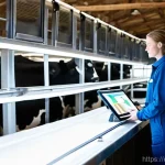 축산업 관련 정부 지원 제도 - **Modern Dairy Farm Efficiency:** A brightly lit, spacious, and impeccably clean modern dairy barn. ...