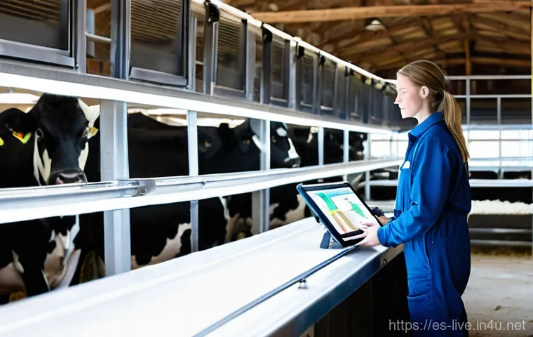 축산업 관련 정부 지원 제도 - **Modern Dairy Farm Efficiency:** A brightly lit, spacious, and impeccably clean modern dairy barn. ...