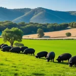 축산업 자격증 비인기 종목 분석 - A breathtaking wide shot of healthy, dark-coated Iberian pigs, clearly identifiable as 100% Native B...