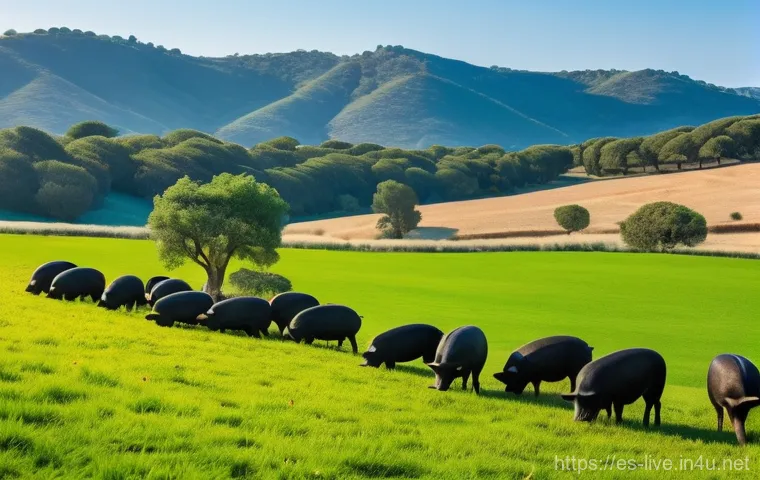 축산업 자격증 비인기 종목 분석 - A breathtaking wide shot of healthy, dark-coated Iberian pigs, clearly identifiable as 100% Native B...