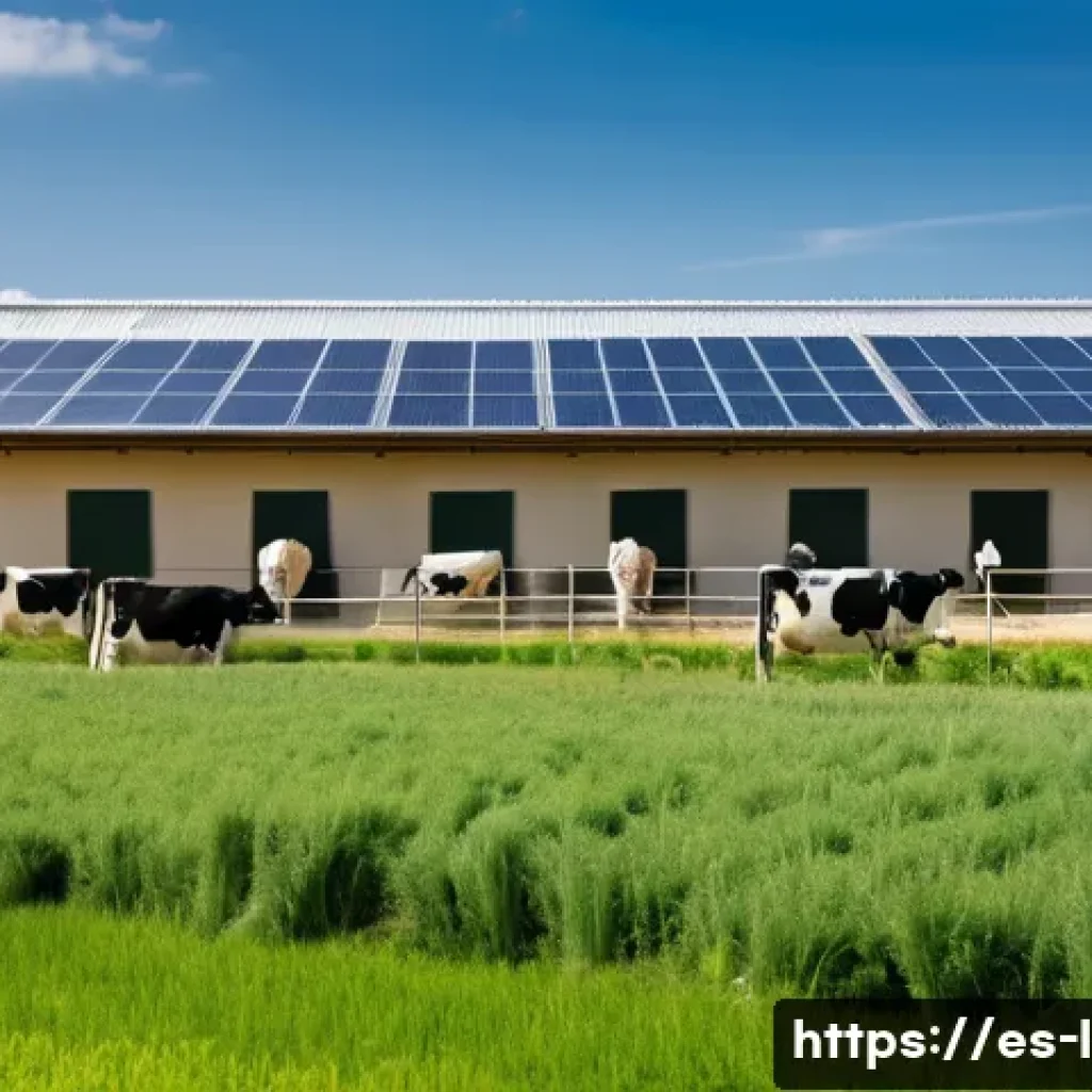 축산업 심화 학습 가이드 - A modern dairy farm scene in a sunny rural setting in Spain, showing healthy Holstein cows eating hi...