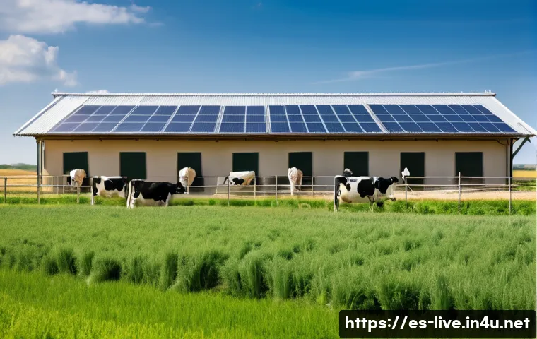 축산업 심화 학습 가이드 - A modern dairy farm scene in a sunny rural setting in Spain, showing healthy Holstein cows eating hi...