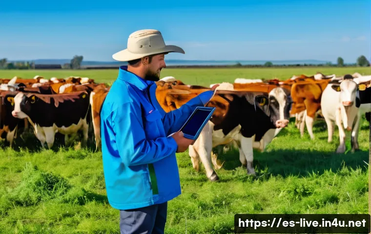 축산업 공공기관 취업 정보 - A professional public livestock worker in a rural setting, wearing practical work clothes including ...