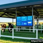 Home 22 축산업 AI 기술 적용 사례 - A modern cattle farm scene showcasing smart sensors attached to cows’ collars and legs, monitoring v...