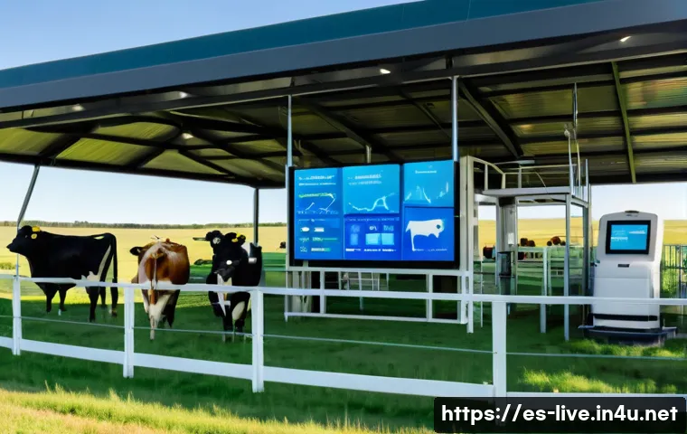 축산업 AI 기술 적용 사례 - A modern cattle farm scene showcasing smart sensors attached to cows’ collars and legs, monitoring v...