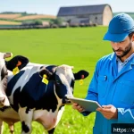 Home 19 축산업 연봉 협상 전략 - A professional livestock technician in a lush rural Spanish dairy farm setting, wearing practical wo...