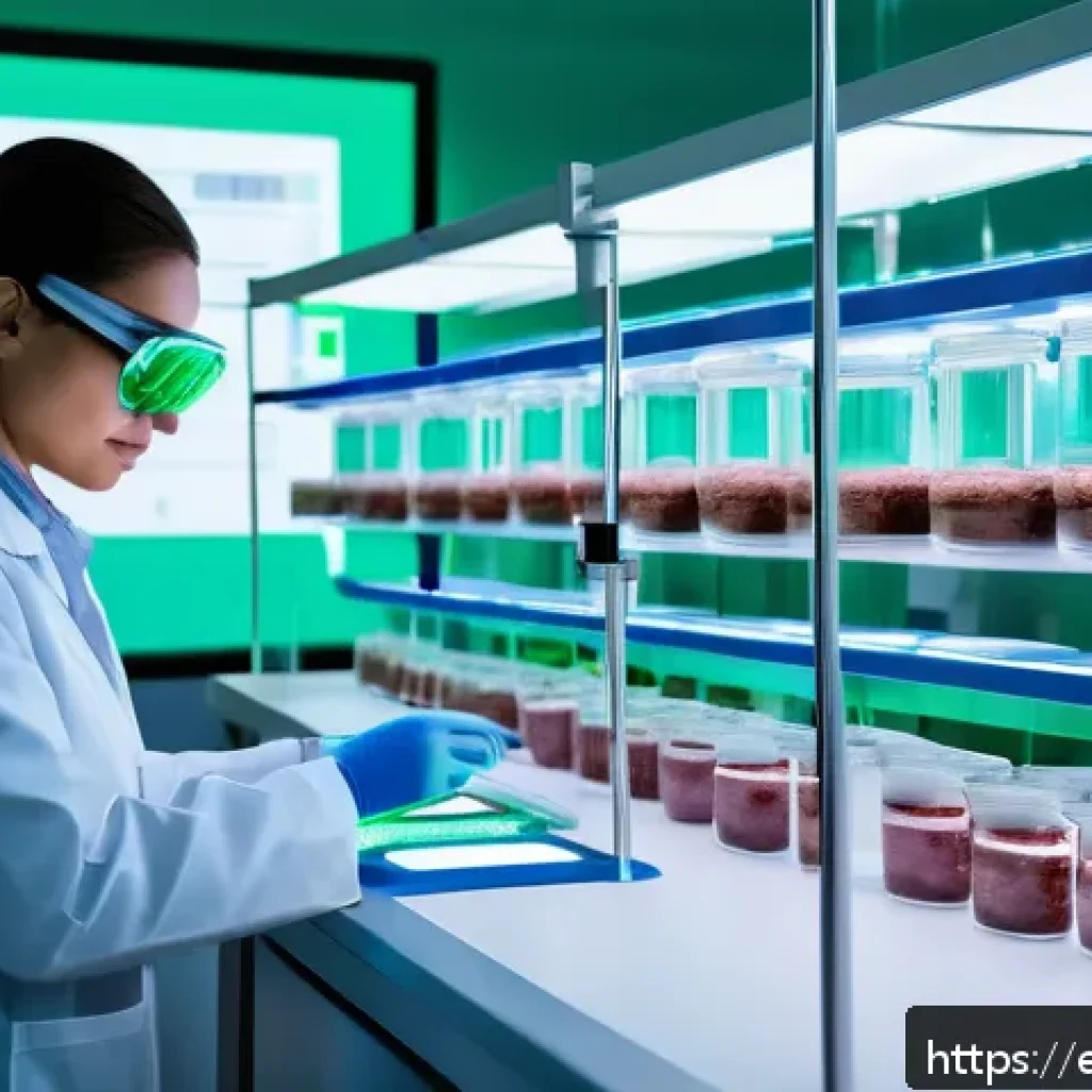 축산업 대체육 생산 동향 - A futuristic laboratory scene showing scientists in white lab coats and protective eyewear working o...