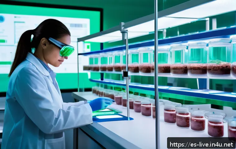 축산업 대체육 생산 동향 - A futuristic laboratory scene showing scientists in white lab coats and protective eyewear working o...